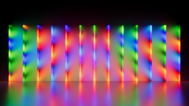 Abstract neon background. Row of diagonal neon beams in rainbow hues reflects on a glossy surface. Dynamic abstract light pattern with strong energy. 3D render illustration.