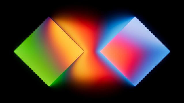 Abstract minimalist background. Two square buttons with multicolored gradients, illuminated with neon light. 3d render