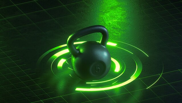 Glossy black kettlebell surrounded by luminous green circular light trails. Futuristic 3D sports background for training, wellness, and active lifestyle concepts.