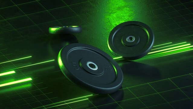 Glossy black gym plates placed beside bright green motion lines in a dark scene. Futuristic 3D sports visual for workout, power, and performance concepts.