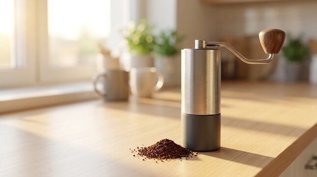 Manual stainless steel coffee grinder with fresh coffee grounds on table stainless caffeine breakfast beverage preparation domestic countertop interior lifestyle sunlight appliance