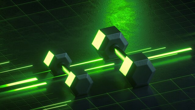 Black dumbbells hover above bright green light trails on a dark digital floor. Dynamic 3D sports background for fitness, strength training, and active branding.