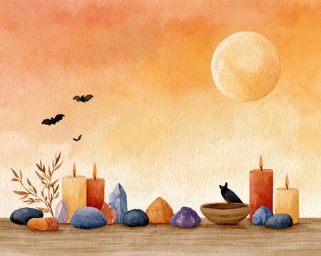 Warm autumn watercolor illustration of a witch's altar with burning candles, crystals, bats, and a raven under a full moonlit sky for a Halloween card or spiritual blog banner.