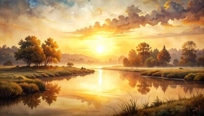 Obraz premium Monochrome sepia watercolor sunrise landscape with subtle ink wash textures and glowing sun over tranquil river, vintage toned scenery painting