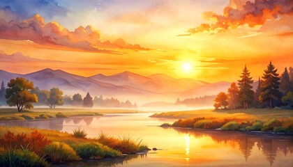Naklejka premium Soft watercolor sunset landscape with glowing orange horizon and tranquil river with distant hills, warm evening scenery painting