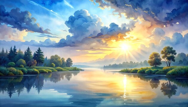 Watercolor sunrise landscape beneath soft rain clouds with gentle light filtering through, dramatic sky over calm river scenery painting