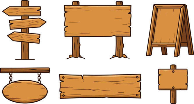 Cartoon wooden signpost and billboard vector icon set featuring direction arrows blank rustic planks sandwich board hanging oval plaque and roadside post.