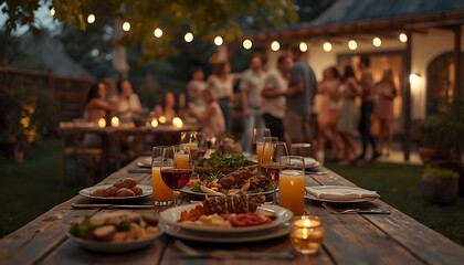 Fototapeta premium People Enjoying a Vibrant Outdoor Summer Dinner Party at Dusk in a Garden