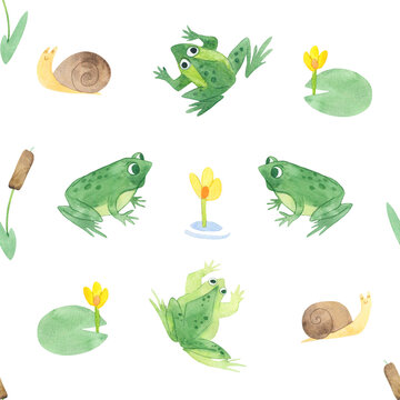 Watercolor pattern for fabric and scrapbooking. Frogs, snails, reeds, water lilies, swamp inhabitants