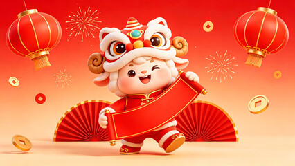 Fototapeta premium Cute Cartoon Sheep with Lion Head Holding Red Scroll for New Year