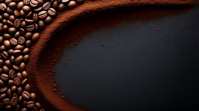 Roasted coffee beans and ground coffee powder forming a curved border on a dark surface.