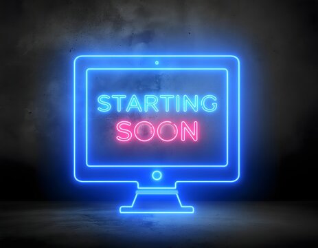 Blue starting soon screen on dark background.