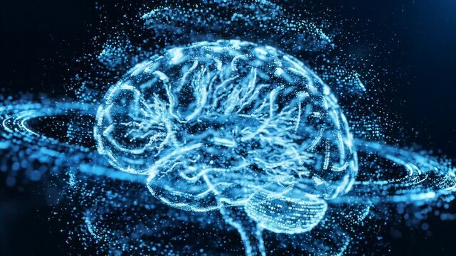 Digital glowing human brain neural network concept with data stream light