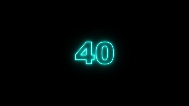 45 second countdown timer with neon number text animation from 45 to 0 on black background and alpha channel. Cyan neon countdown timer 10 sec.