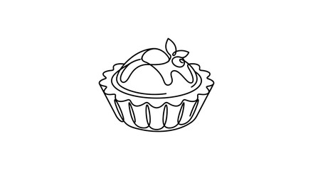 Minimalist line art of a delicious berry tart with glaze and mint leaf garnish © aef