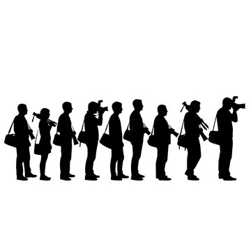 Black silhouettes of a line of photographers standing with cameras and equipment bags on a white background, for press events