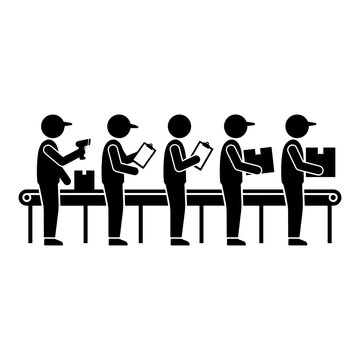 Black silhouettes of workers standing in a line at a conveyor belt with boxes and clipboards on a white background, for industry