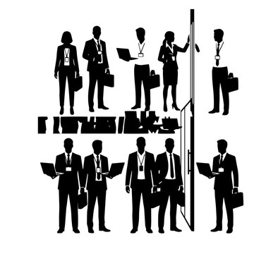 Black silhouettes of business people standing with laptops and briefcases in an office environment on a white background set