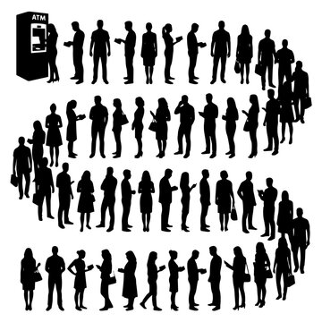 Large group of people standing in a long winding queue waiting for an automated teller machine or atm service on a white background