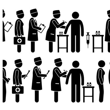 Medical staff performing vaccinations on patients, depicted as black silhouette on a white background, showing a healthcare clinic process
