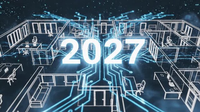 The futuristic office interior design of 2027 showcases technology integration with circuit boards and neon lights.