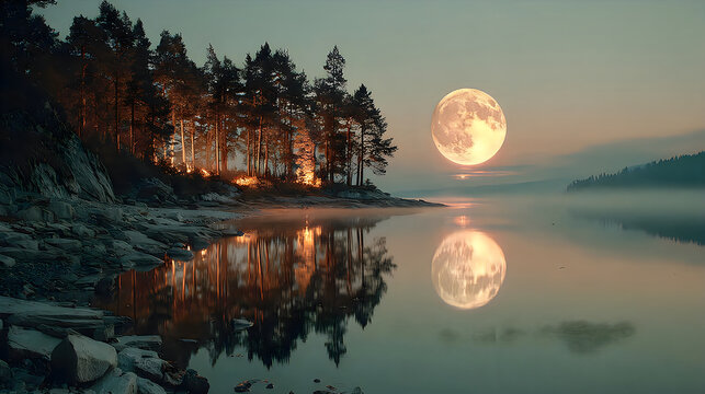 Glowing super moon reflection tranquil forest lake dreamscape night scenery Images