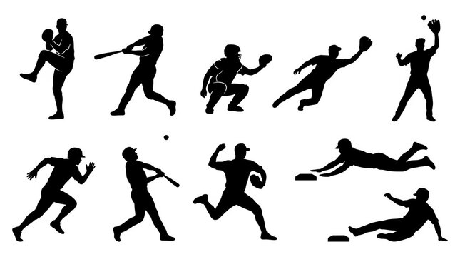 Baseball Player Silhouette Action Set Featuring Pitching, Batting and Fielding Movements