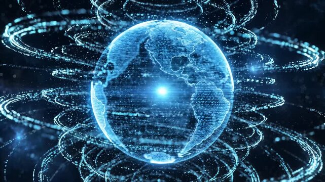Digital world globe concept with network connections and data flow visualization