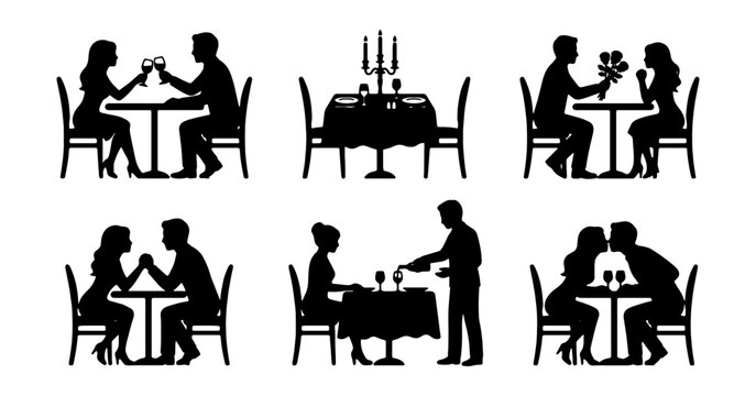 Romantic dinner date silhouettes, couple celebrating love and special occasions, elegant black vector icons for relationship and event design