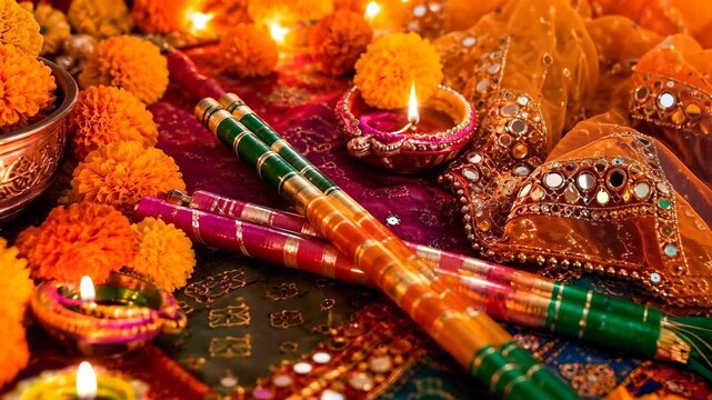 Dandiya sticks with diyas and marigold flowers