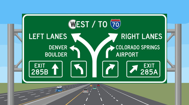 Highway directional sign showing multiple lane choices and destinations.