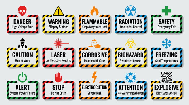 Collection of Safety Warning Signs and Hazard Symbols.