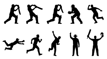 Obraz premium Cricket Player Silhouette Action Set Featuring Batting, Bowling and Fielding Positions