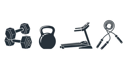 Fitness equipment icons including dumbbells kettlebell treadmill and jump rope for exercise © Asim