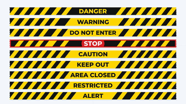 Set of various danger warning caution and stop signs.