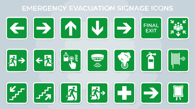 Collection of green emergency evacuation signage icons for safety.