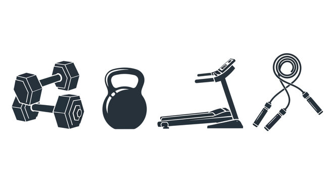 Fitness equipment icons including dumbbells kettlebell treadmill and jump rope for exercise