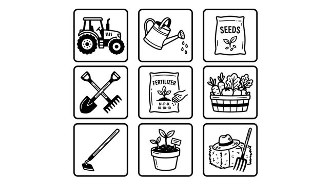 Gardening icons set with tractor watering can and tools.