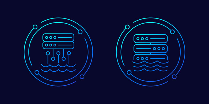 Data lake icons, storing raw data linear design