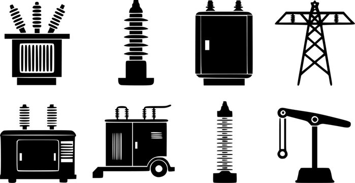 Black vector icon set of industrial electrical elements including transformer pylon tower machinery crane and power lines silhouettes