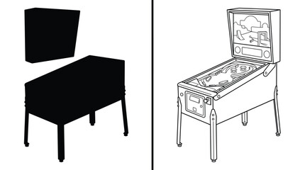 Pinball Machine Outline Classic Game with Retro Amusement Arcade Console in Black and White Style © MD