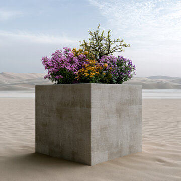 Concrete cube planter with blooming purple, yellow, and green flowers in desert landscape, modern minimal style, tranquil atmosphere