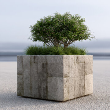 Square concrete planter with lush green bush and ornamental grass, outdoor minimal garden design, natural texture, serene atmosphere