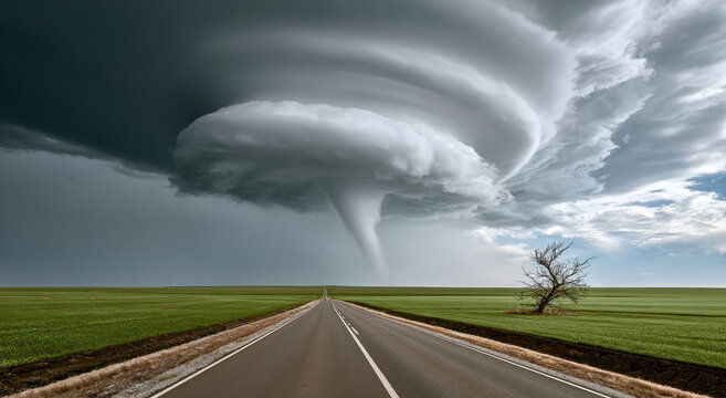 Dramatic tornado funnel cloud over empty countryside road, stormy sky, rural landscape, severe weather, natural disaster