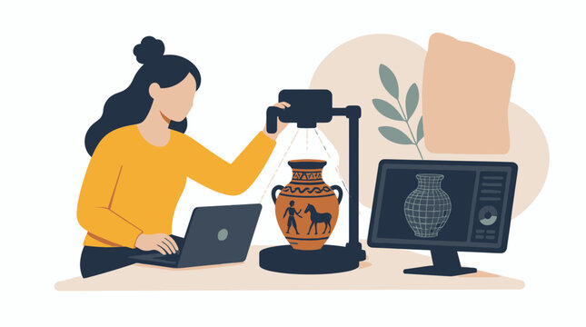 Female researcher analyzes samples in a modern science lab with a laptop, microscope, and monitor setup.