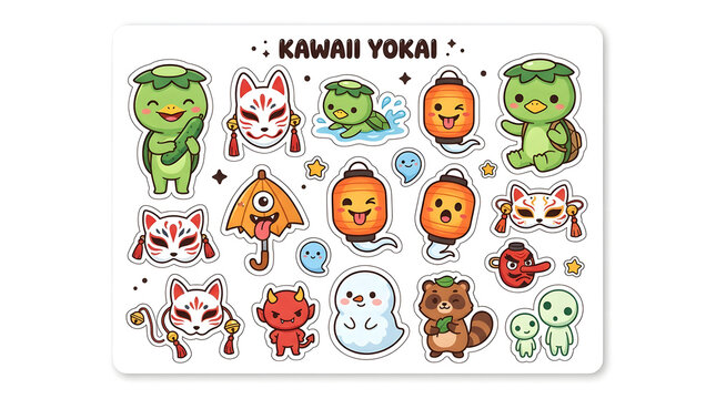 Cute Yokai Collection: A vibrant collection of adorable Kawaii Yokai characters, including kappa, kitsune masks, spirits, and more, all rendered in a charming cartoon style.