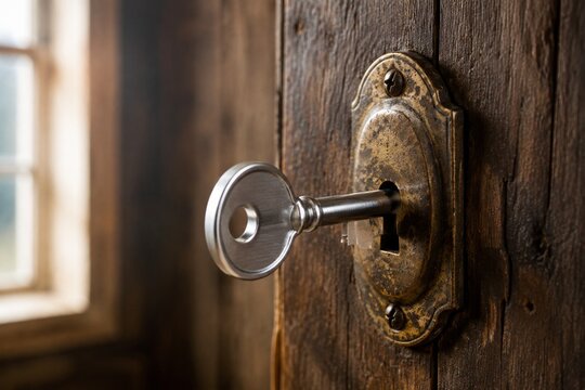 A modern stainless steel key inserted into an antique brass lock on a wooden door.