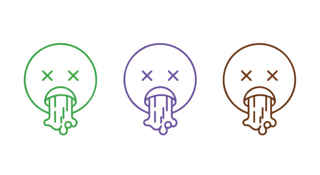 Three cartoon sick faces with tongue out in pastel colors.