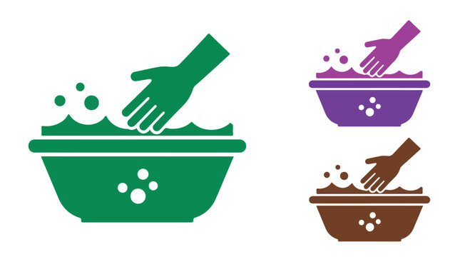 Colorful illustration of three bowls with hands washing dishes and bubbles.