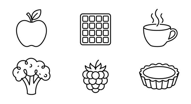 Healthy Food Icons: Apple, Waffle, Coffee, Broccoli, Raspberry, Pie - Line Art Collection